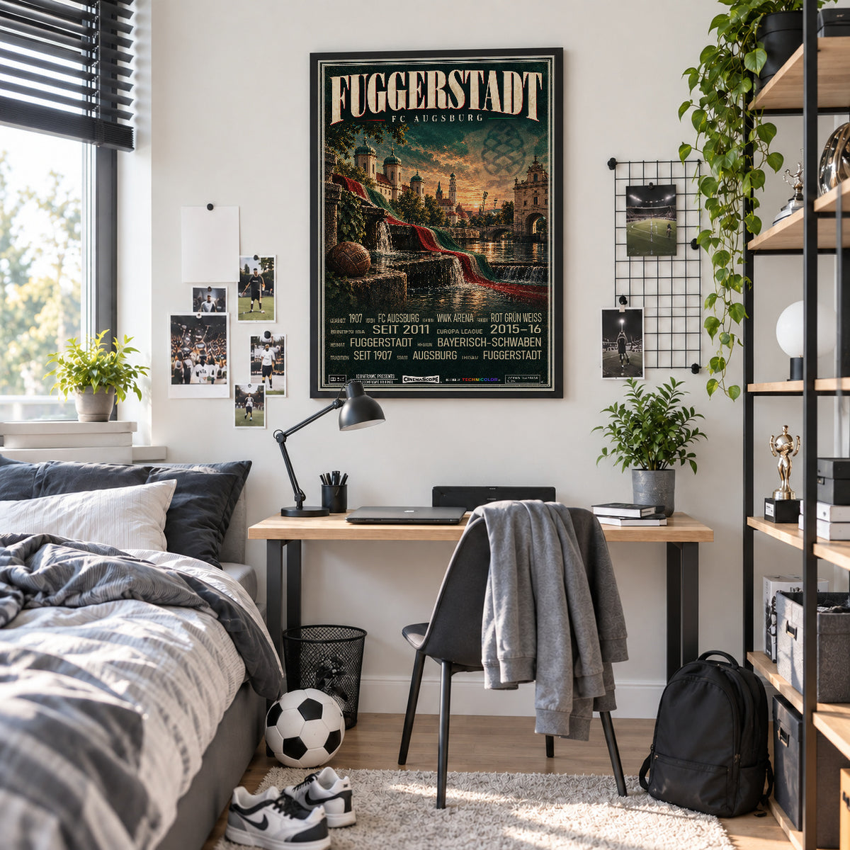 FC Augsburg Poster „Fuggerstadt“ im schwarzen Rahmen über einem Schreibtisch