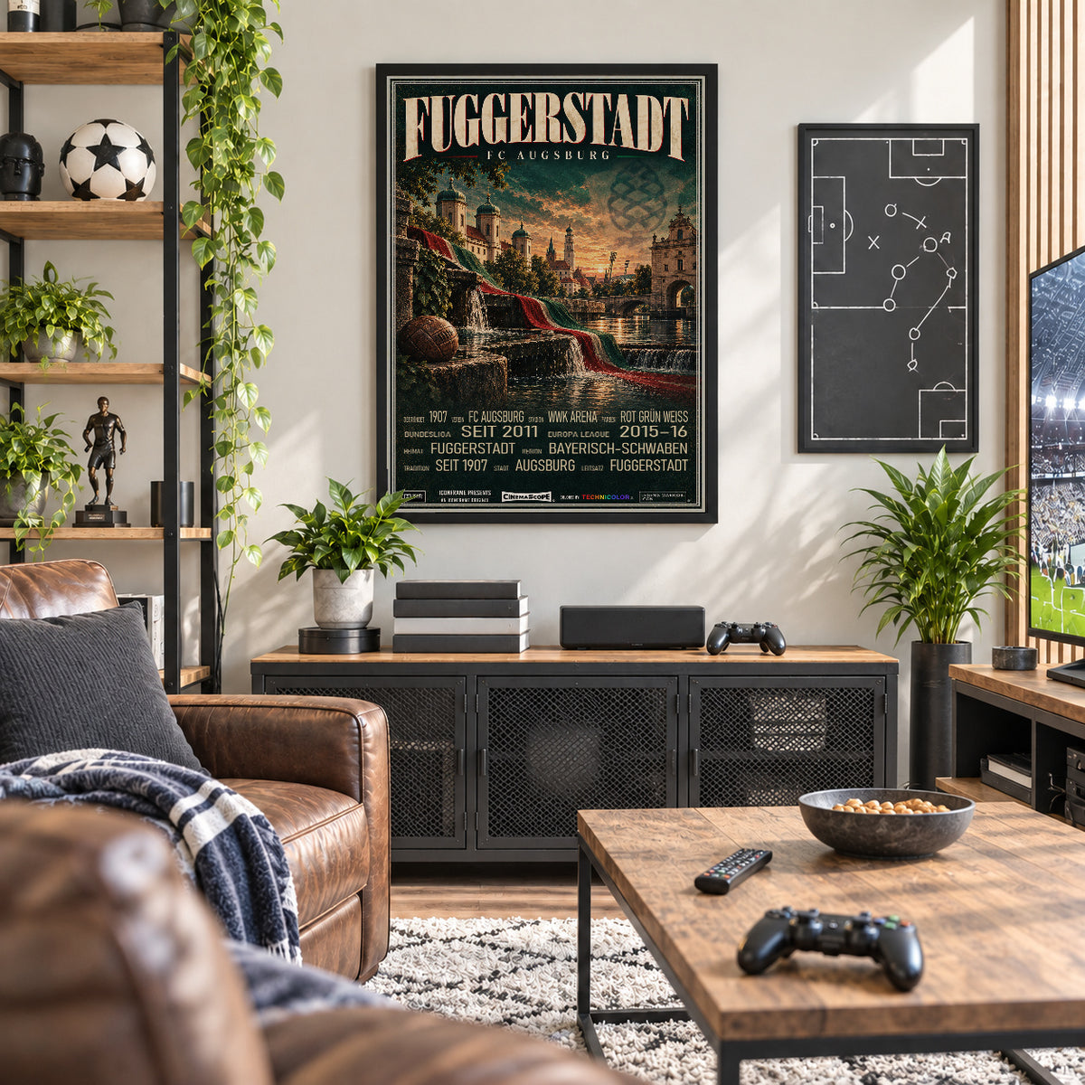 FC Augsburg Poster „Fuggerstadt“ im schwarzen Rahmen über einem dunklen Sideboard