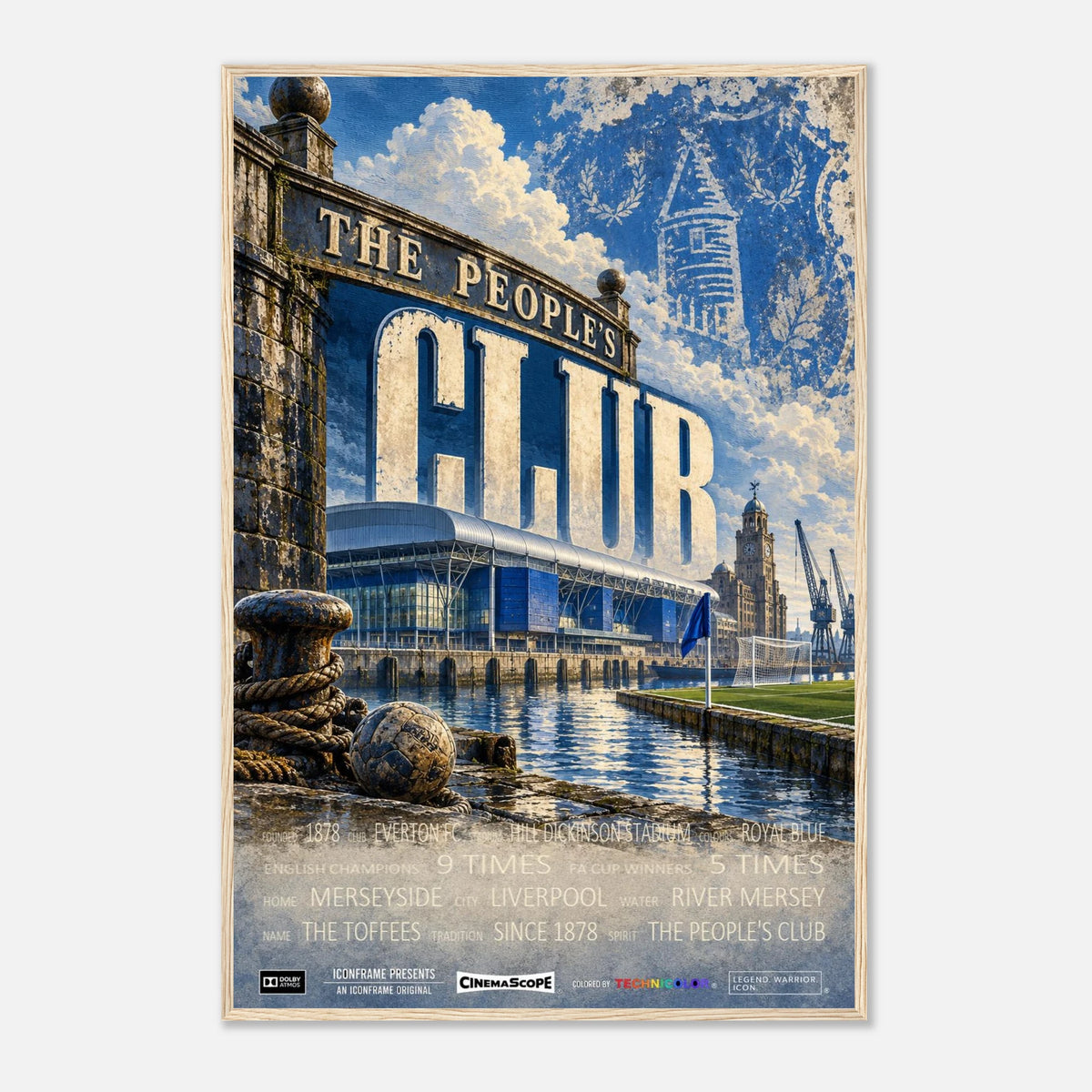 Everton Poster „The People's Club“ – 60 × 90 cm, mit naturfarbenem Holzrahmen vor hellem Hintergrund