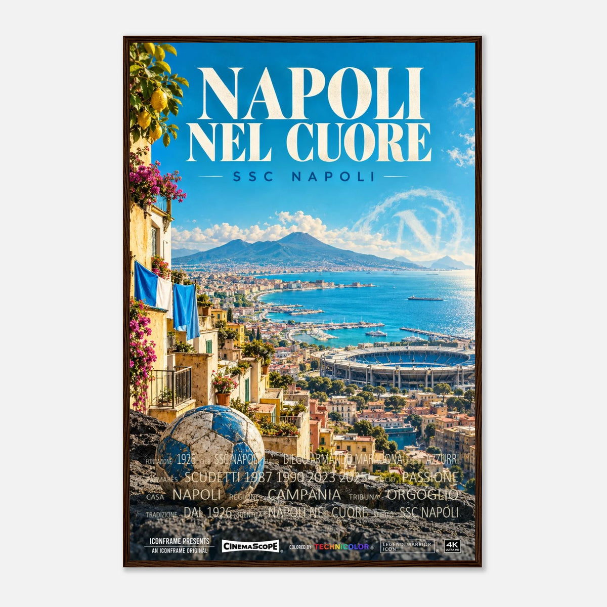 SSC Neapel Poster „Napoli nel Cuore“ – 60 × 90 cm, mit dunkelbraunem Holzrahmen vor hellem Hintergrund