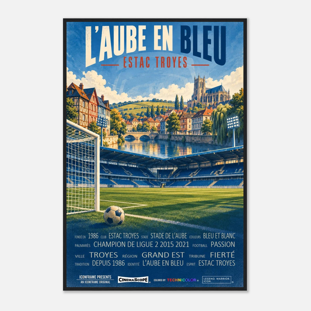 ES Troyes AC Poster „L’Aube en Bleu“ – 60 × 90 cm, mit schwarzem Holzrahmen