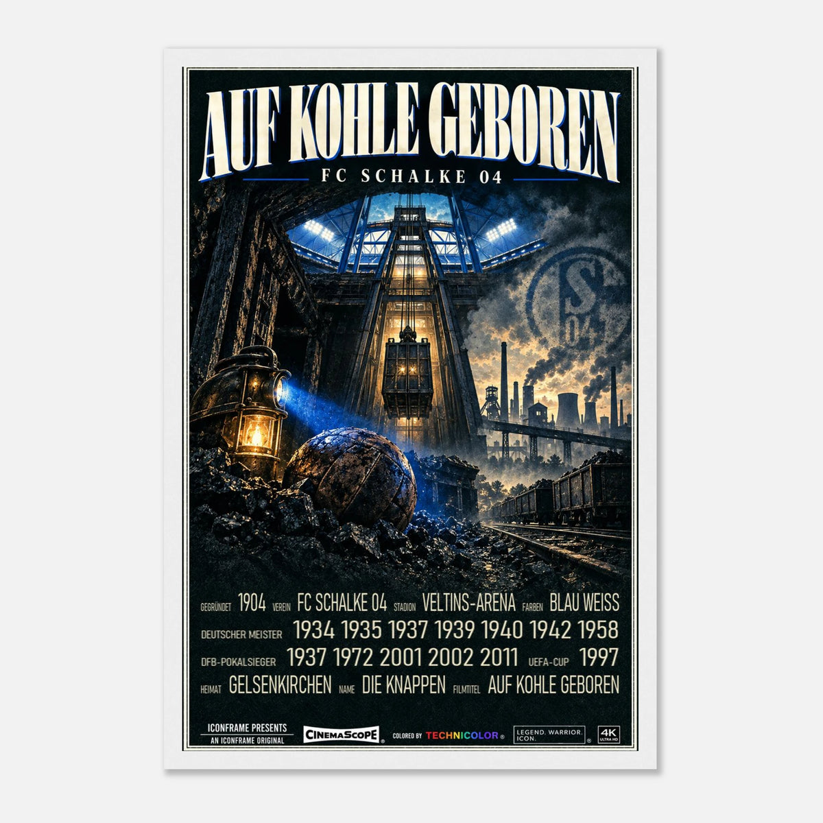 Schalke 04 Poster „Auf Kohle geboren“ – 30 × 45 cm, mit weißem Holzrahmen vor hellem Hintergrund