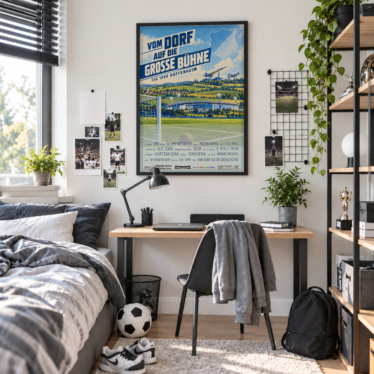 TSG Hoffenheim Poster „Vom Dorf auf die große Bühne“ im schwarzen Rahmen über einem Schreibtisch