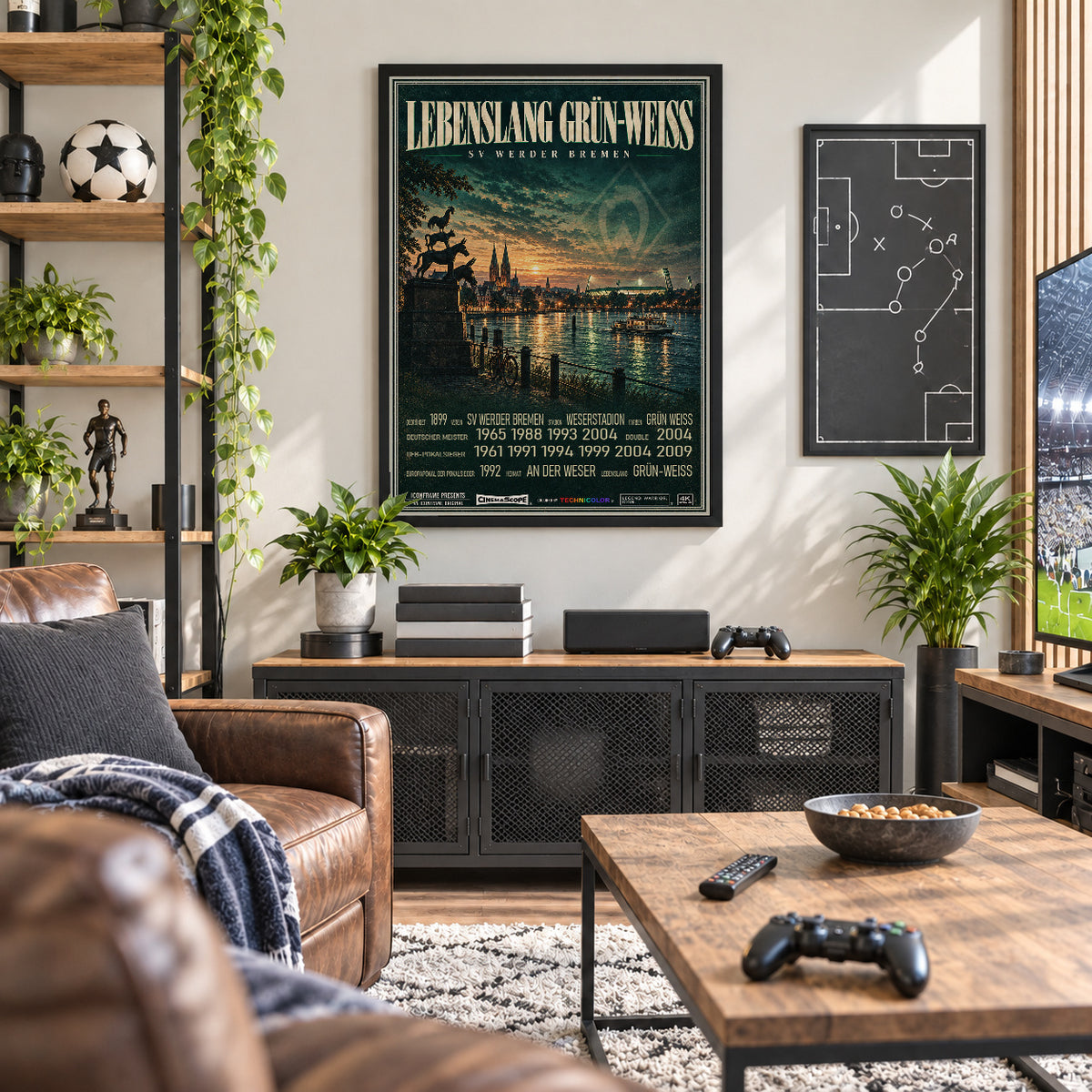 Werder Bremen Poster „Lebenslang Grün-Weiß“ im schwarzen Rahmen über einem dunklen Sideboard