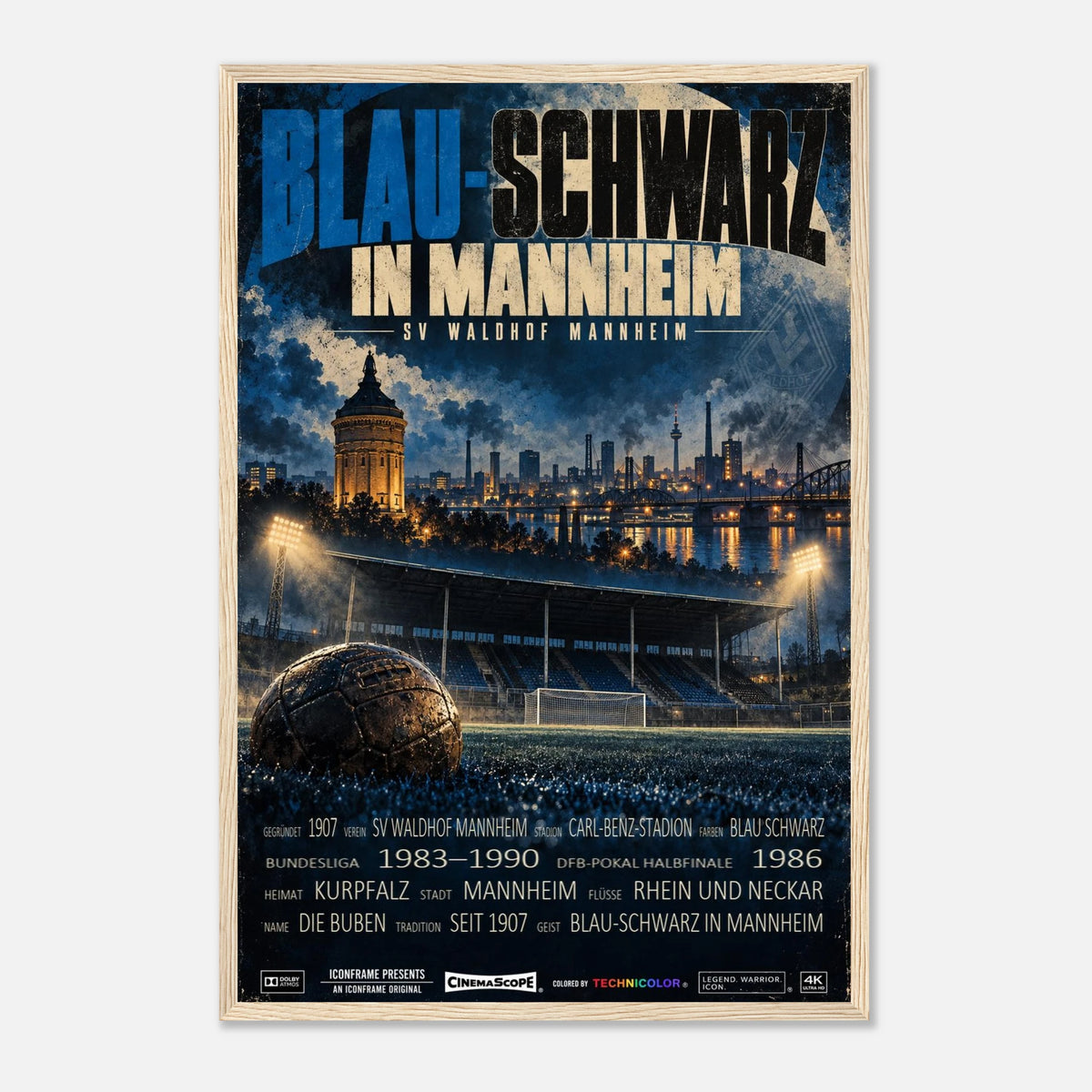 SV Waldhof Mannheim Poster „Blau-Schwarz in Mannheim“ – 40 × 60 cm, mit naturfarbenem Holzrahmen