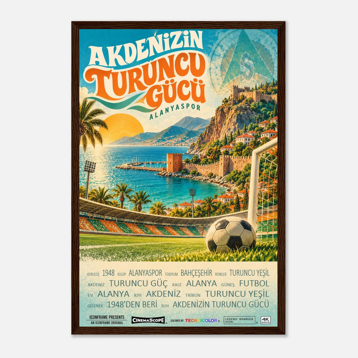 Alanyaspor Poster „Akdeniz’in Turuncu Gücü“ – 30 × 45 cm, mit dunkelbraunem Holzrahmen