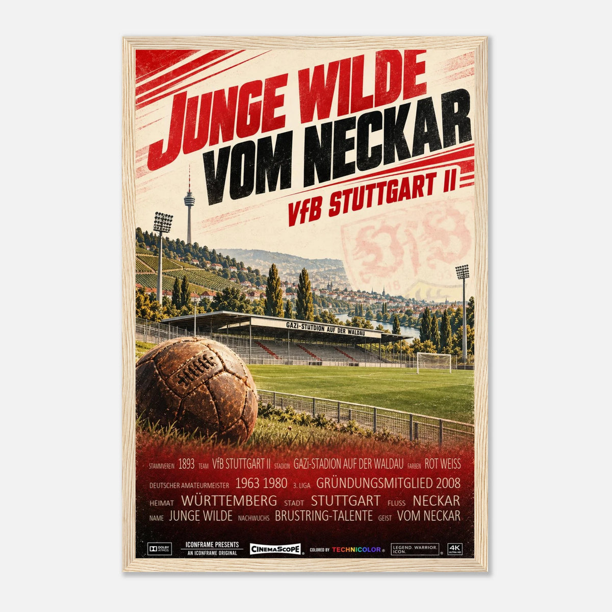 VfB Stuttgart II Poster „Junge Wilde vom Neckar“ – 30 × 45 cm, mit naturfarbenem Holzrahmen
