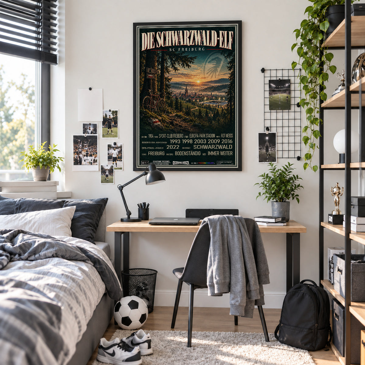 SC Freiburg Poster „Die Schwarzwald-Elf“ im schwarzen Rahmen über einem Schreibtisch