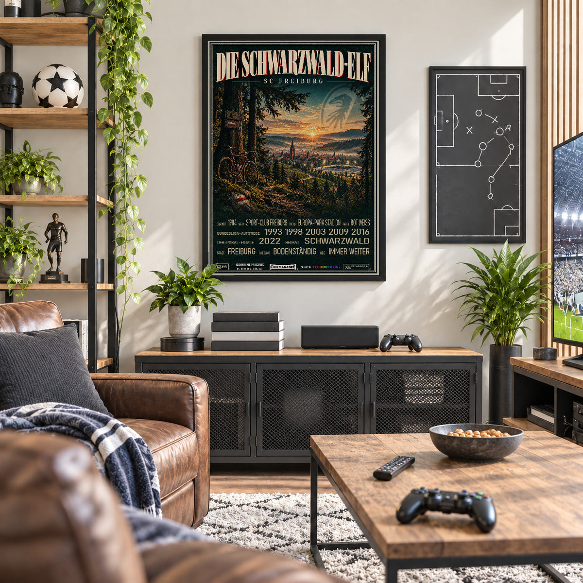 SC Freiburg Poster „Die Schwarzwald-Elf“ im schwarzen Rahmen über einem dunklen Sideboard