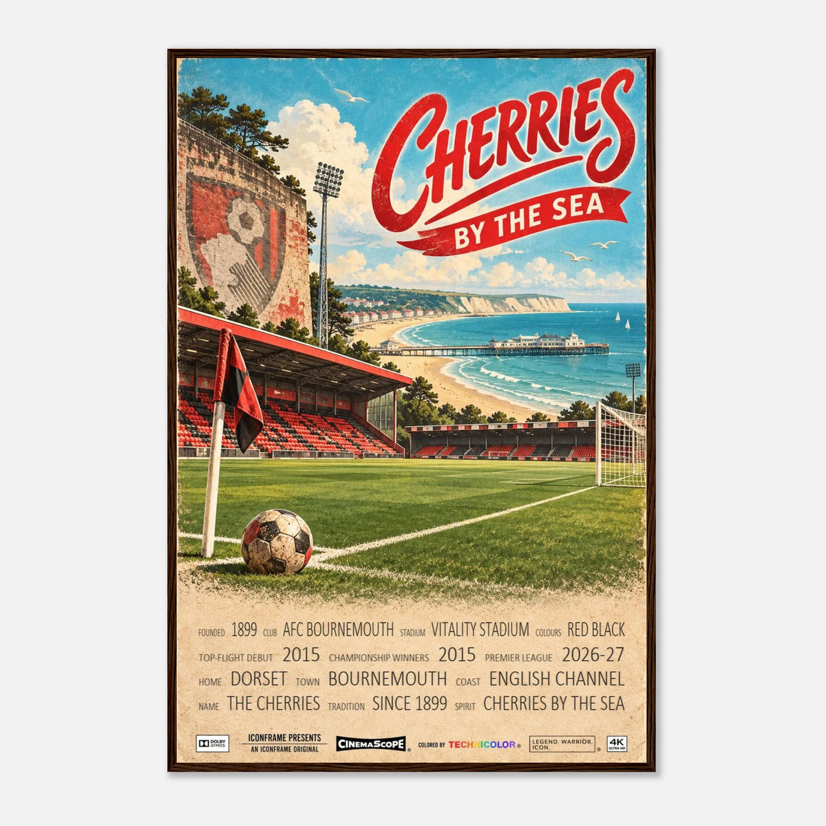 AFC Bournemouth Poster „Cherries by the Sea“ – 60 × 90 cm, mit dunkelbraunem Holzrahmen vor hellem Hintergrund