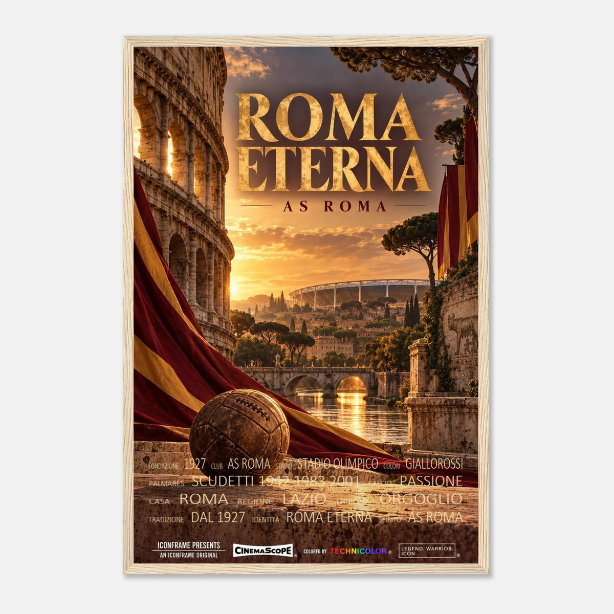 AS Rom Poster „Roma Eterna“ – 40 × 60 cm, mit naturfarbenem Holzrahmen vor hellem Hintergrund