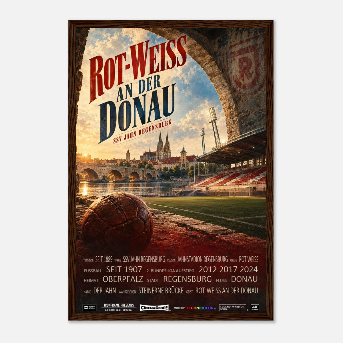 SSV Jahn Regensburg Poster „Rot-Weiss an der Donau“ – 30 × 45 cm, mit dunkelbraunem Holzrahmen