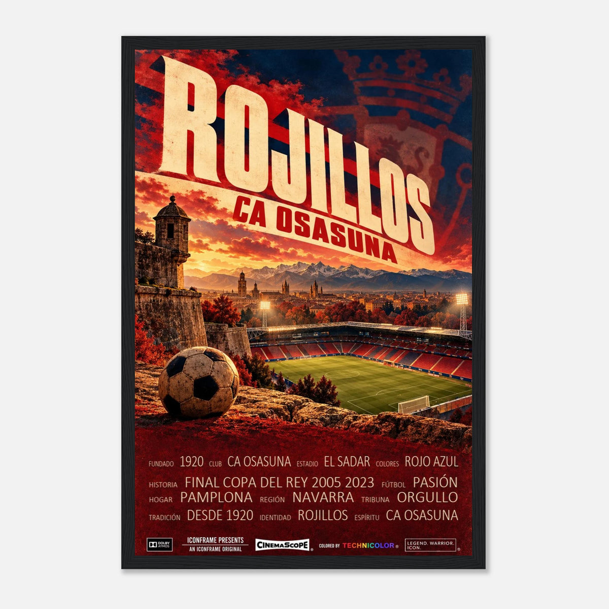 CA Osasuna Poster „Rojillos“ – 30 × 45 cm, mit schwarzem Holzrahmen vor hellem Hintergrund