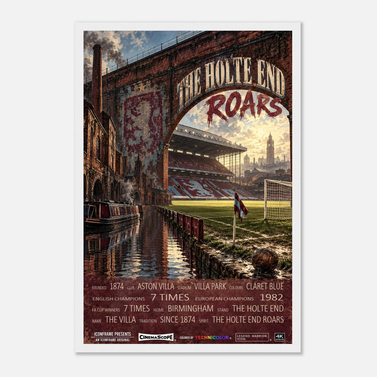 Aston Villa Poster „The Holte End Roars“ – 30 × 45 cm, mit weißem Holzrahmen vor hellem Hintergrund