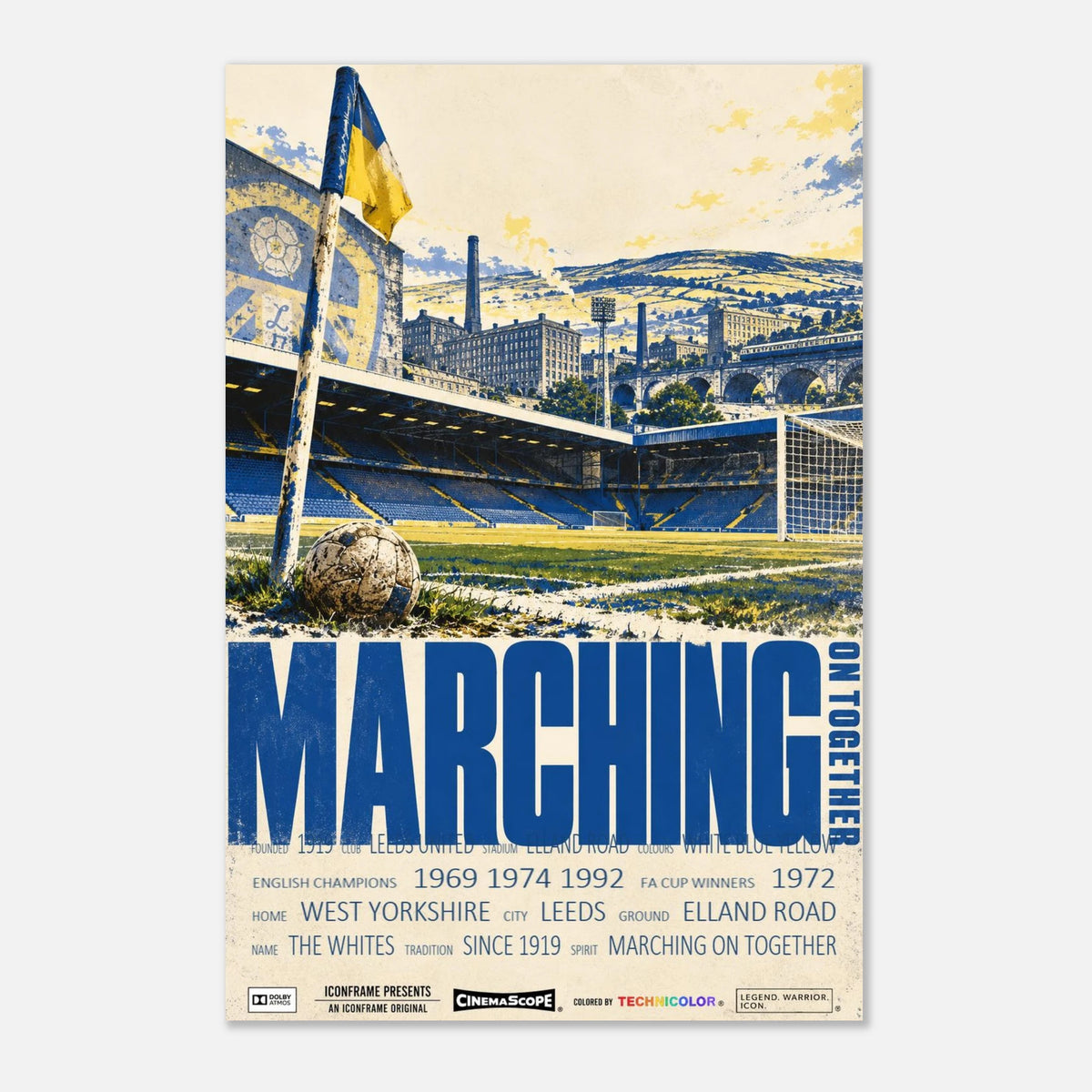 Leeds United Poster „Marching on Together“ – 30 × 45 cm, ohne Rahmen vor hellem Hintergrund