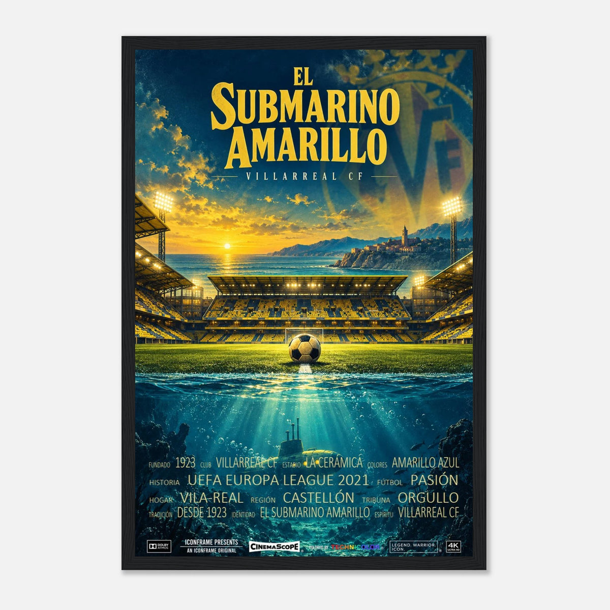 Villarreal Poster „El Submarino Amarillo“ – 30 × 45 cm, mit schwarzem Holzrahmen vor hellem Hintergrund