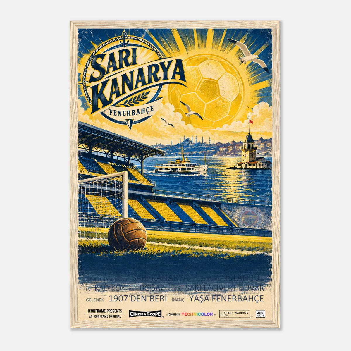 Fenerbahçe Istanbul Poster „Sarı Kanarya“ – 30 × 45 cm, mit naturfarbenem Holzrahmen