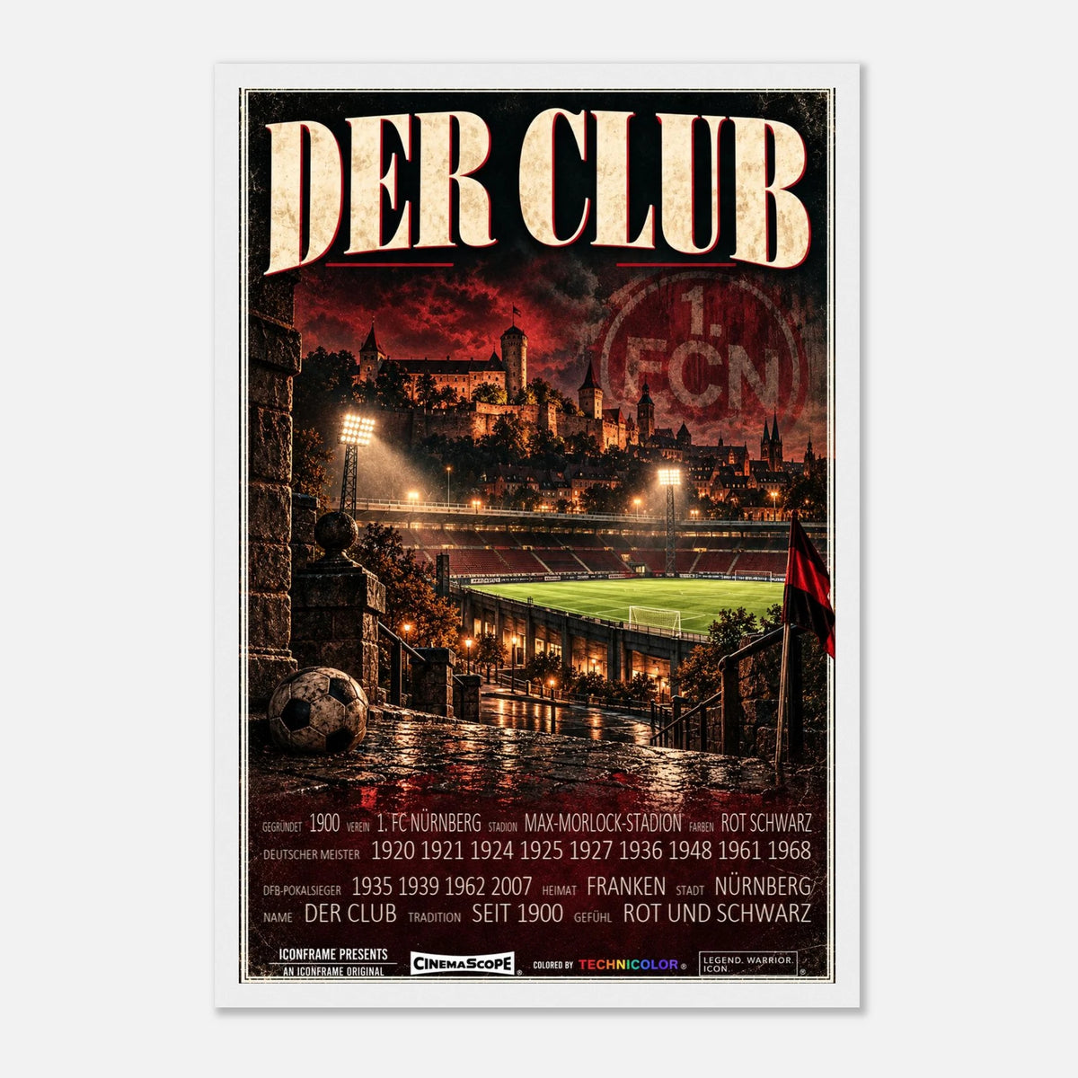 1. FC Nürnberg Poster „Der Club“ – 30 × 45 cm, mit weißem Holzrahmen vor hellem Hintergrund
