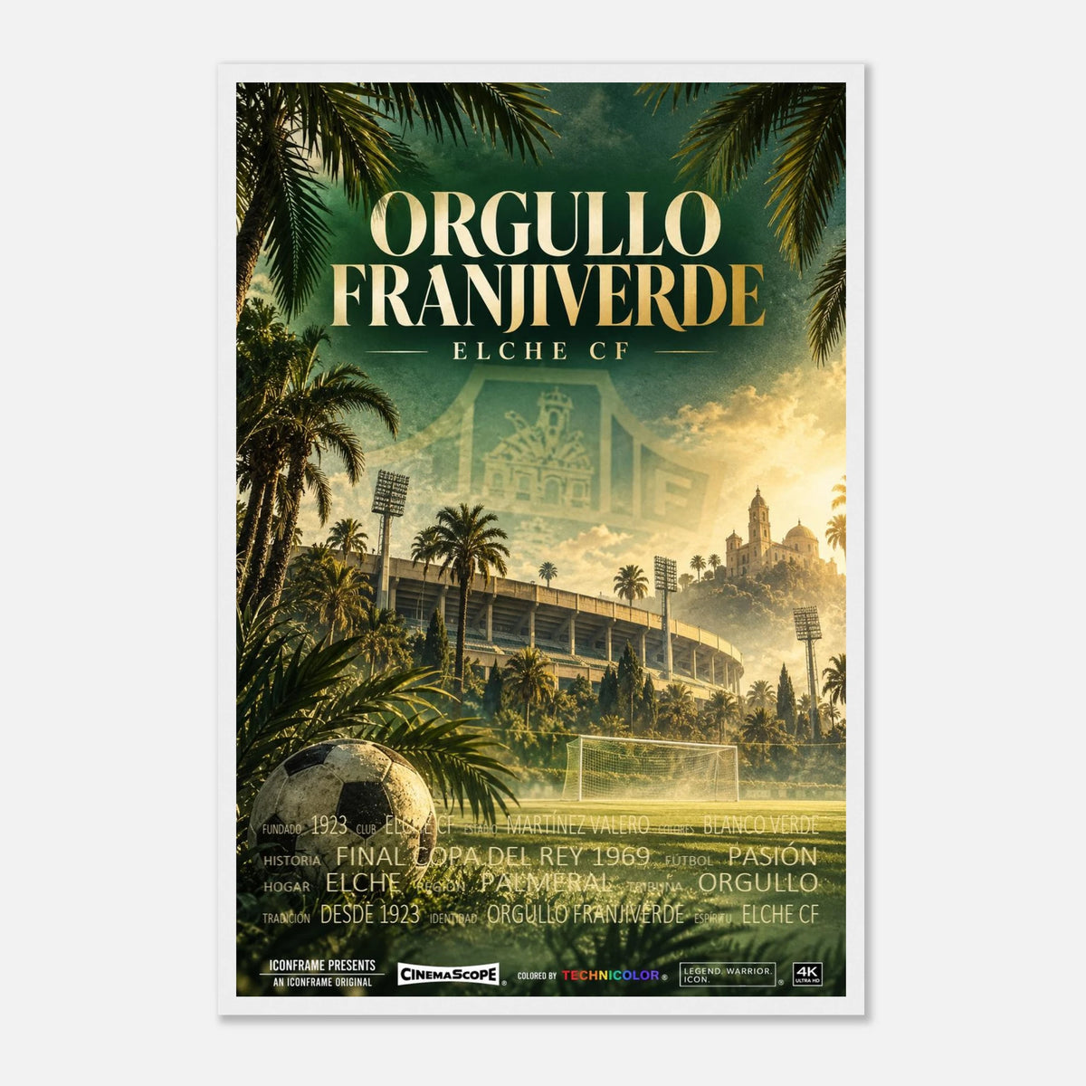 FC Elche Poster „Orgullo Franjiverde“ – 40 × 60 cm, mit weißem Holzrahmen vor hellem Hintergrund