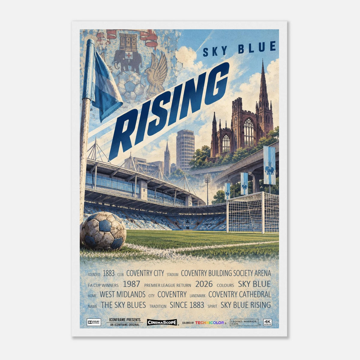 Coventry City Poster „Sky Blue Rising“ – 30 × 45 cm, mit weißem Holzrahmen vor hellem Hintergrund