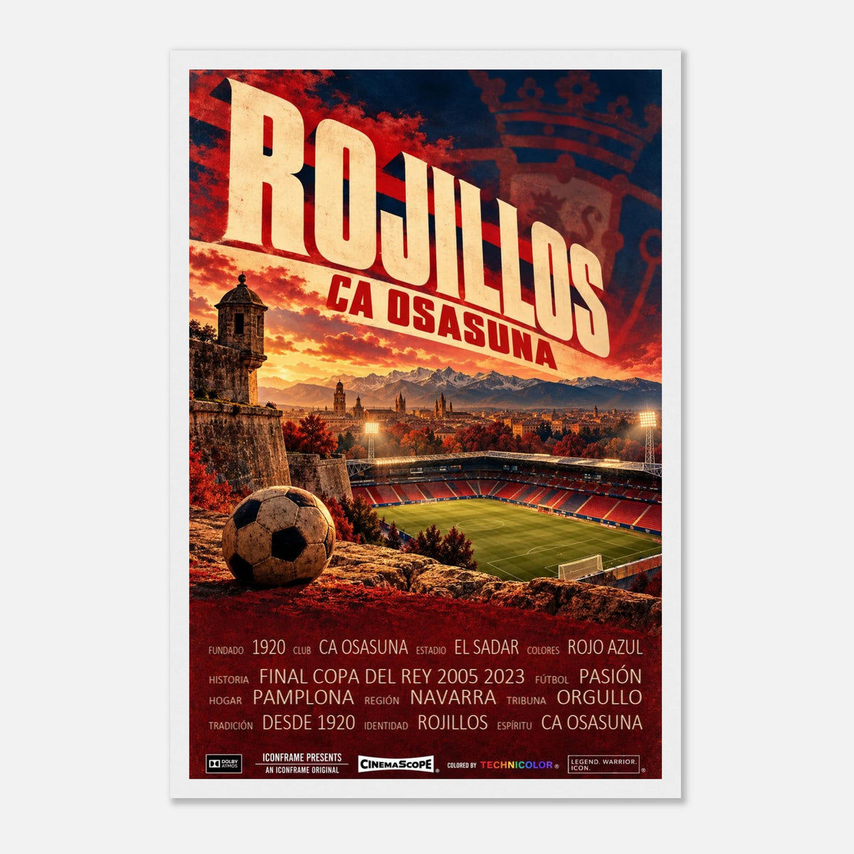 CA Osasuna Poster „Rojillos“ – 30 × 45 cm, mit weißem Holzrahmen vor hellem Hintergrund