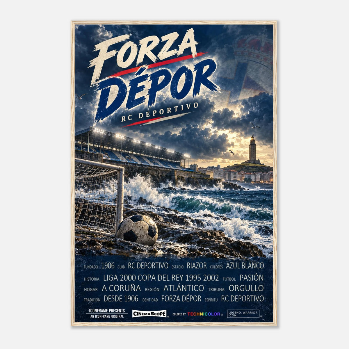 Deportivo A Coruña Poster „Forza Dépor“ – 60 × 90 cm, mit naturfarbenem Holzrahmen vor hellem Hintergrund