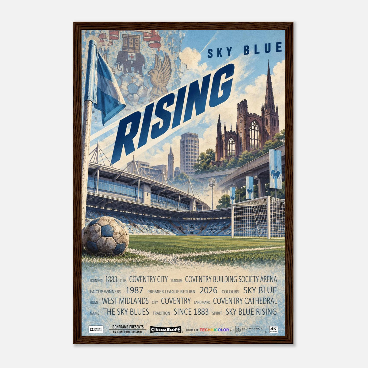 Coventry City Poster „Sky Blue Rising“ – 30 × 45 cm, mit dunkelbraunem Holzrahmen vor hellem Hintergrund