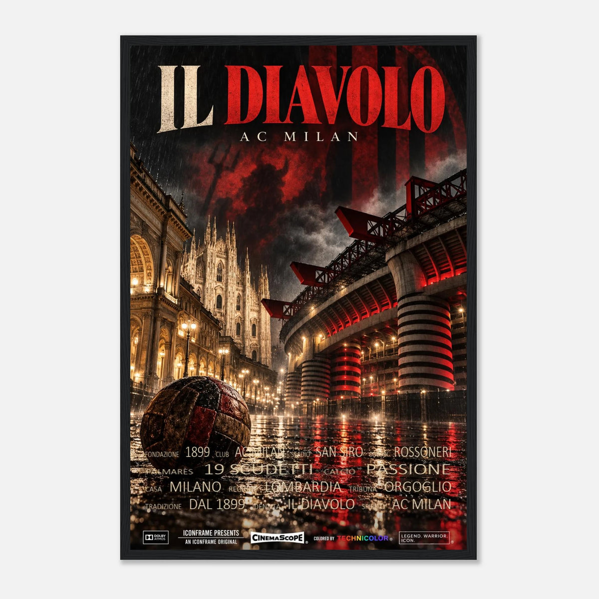 AC Mailand Poster „Il Diavolo“ – 40 × 60 cm, mit schwarzem Holzrahmen vor hellem Hintergrund