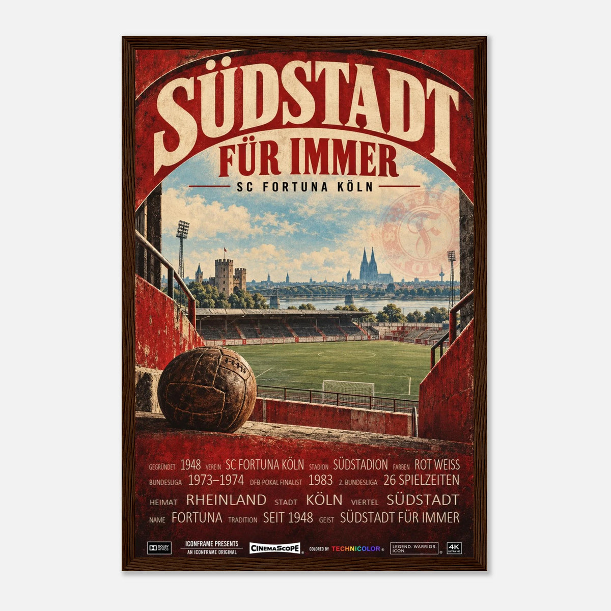 SC Fortuna Köln Poster „Südstadt für immer“ – 30 × 45 cm, mit dunkelbraunem Holzrahmen
