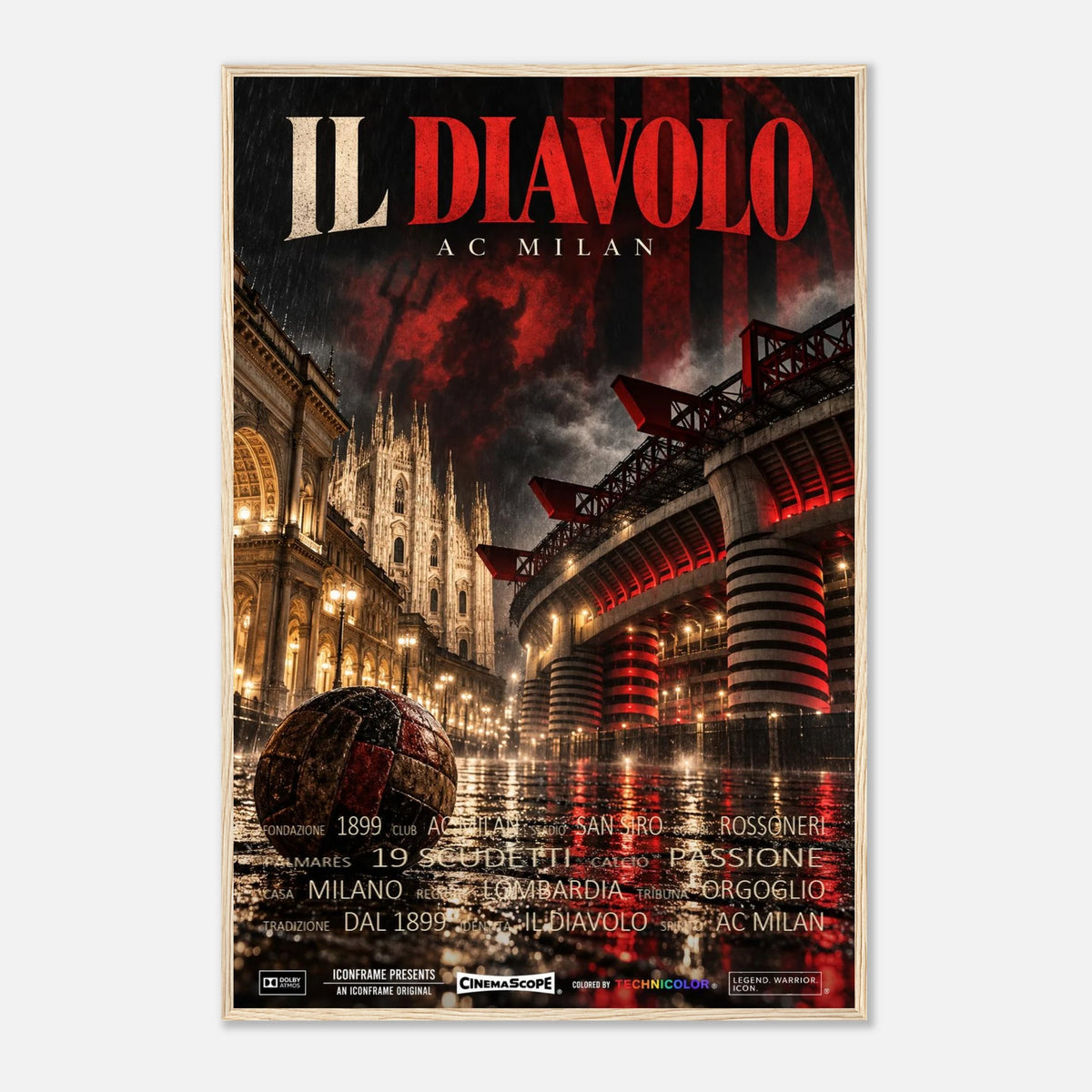 AC Mailand Poster „Il Diavolo“ – 60 × 90 cm, mit naturfarbenem Holzrahmen vor hellem Hintergrund