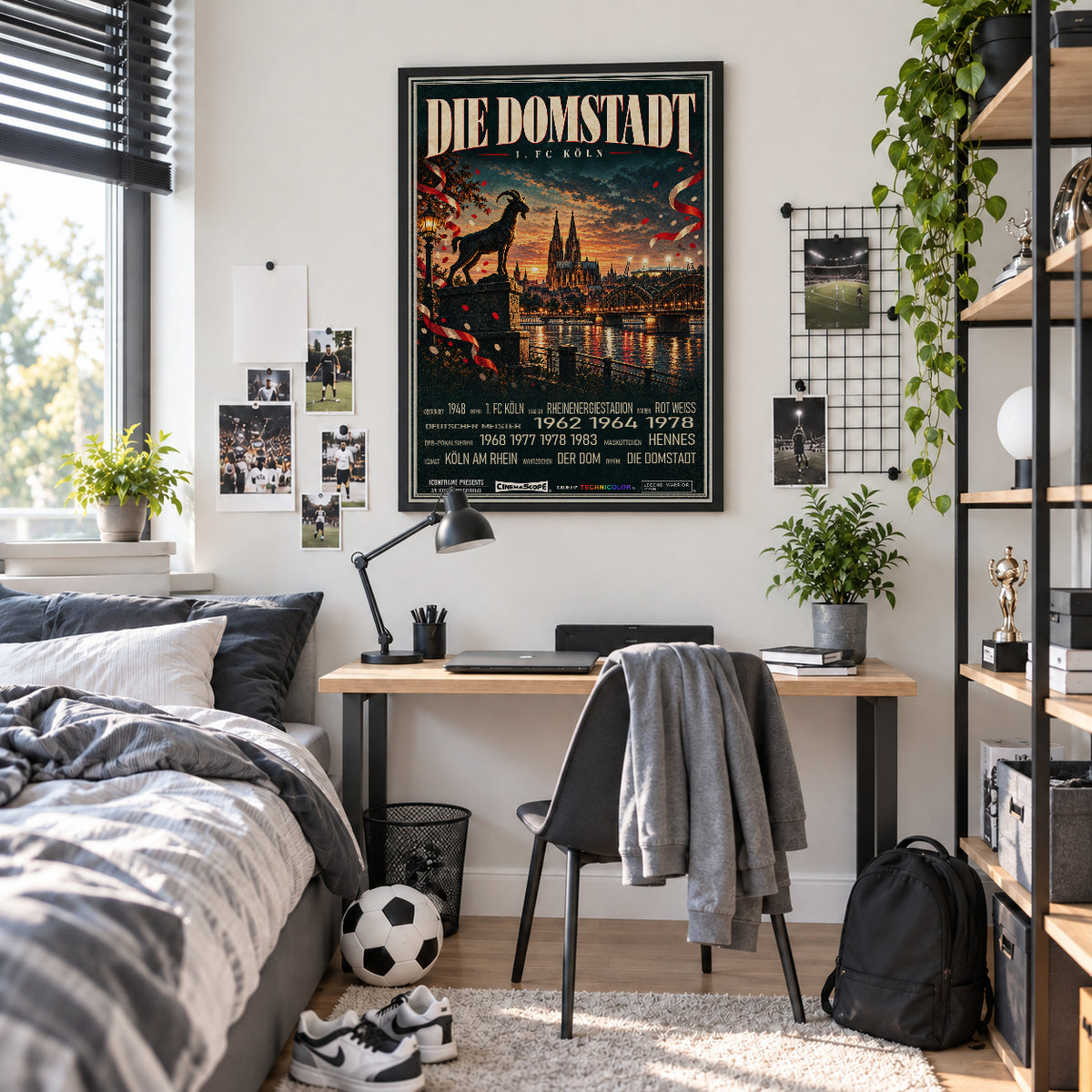 1. FC Köln Poster „Die Domstadt“ im schwarzen Rahmen über einem Schreibtisch