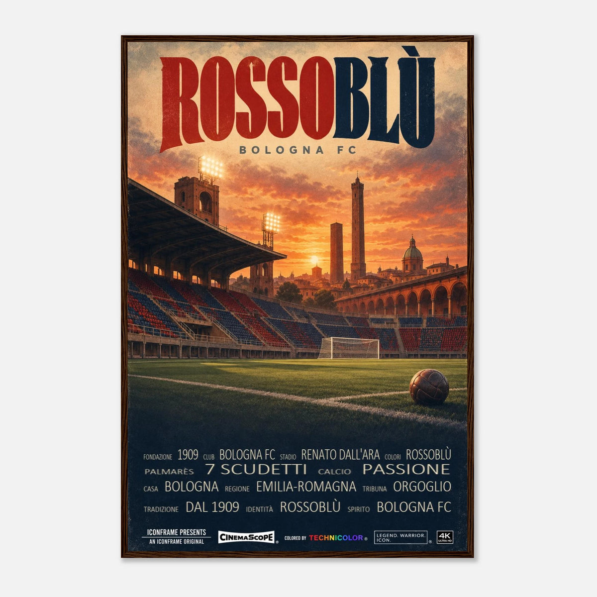 FC Bologna Poster „Rossoblù“ – 60 × 90 cm, mit dunkelbraunem Holzrahmen vor hellem Hintergrund