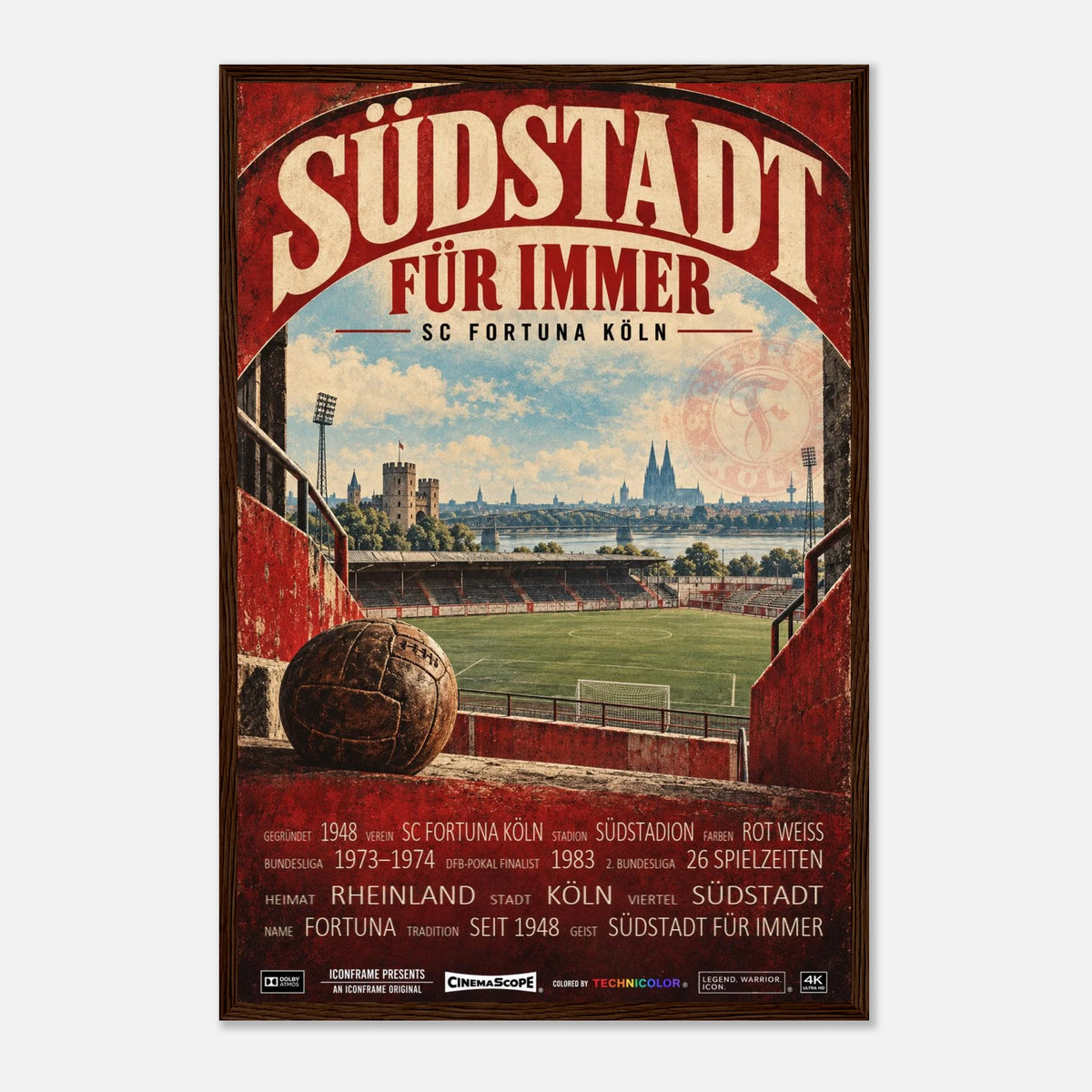 SC Fortuna Köln Poster „Südstadt für immer“ – 40 × 60 cm, mit dunkelbraunem Holzrahmen