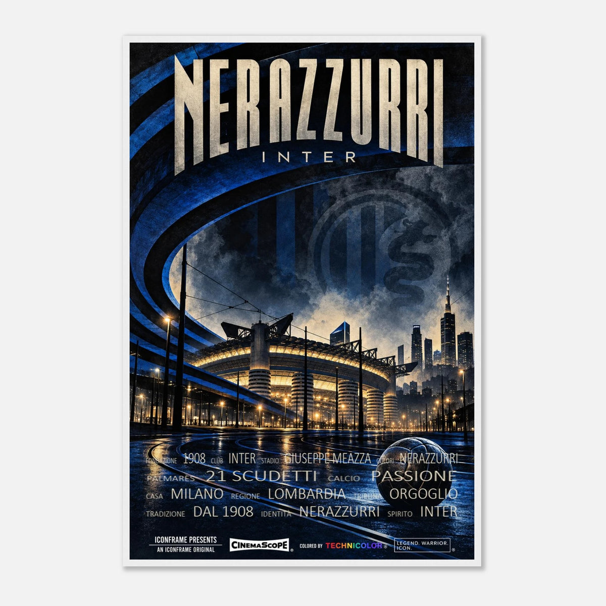 Inter Mailand Poster „Nerazzurri“ – 60 × 90 cm, mit weißem Holzrahmen vor hellem Hintergrund