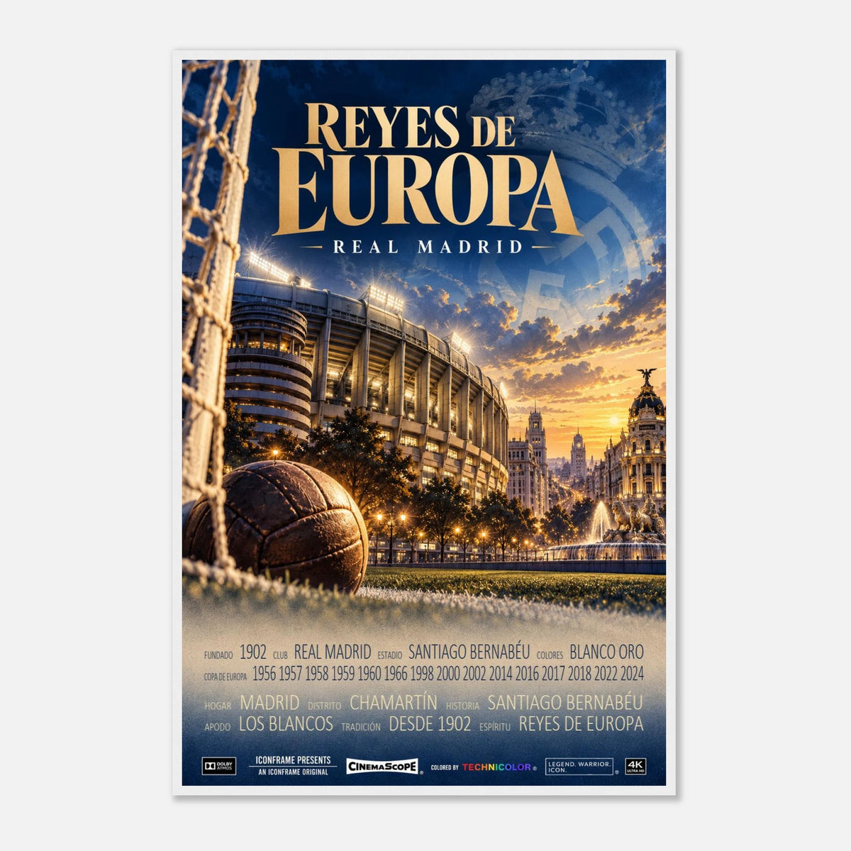 Real Madrid Poster „Reyes de Europa“ – 60 × 90 cm, mit weißem Holzrahmen vor hellem Hintergrund