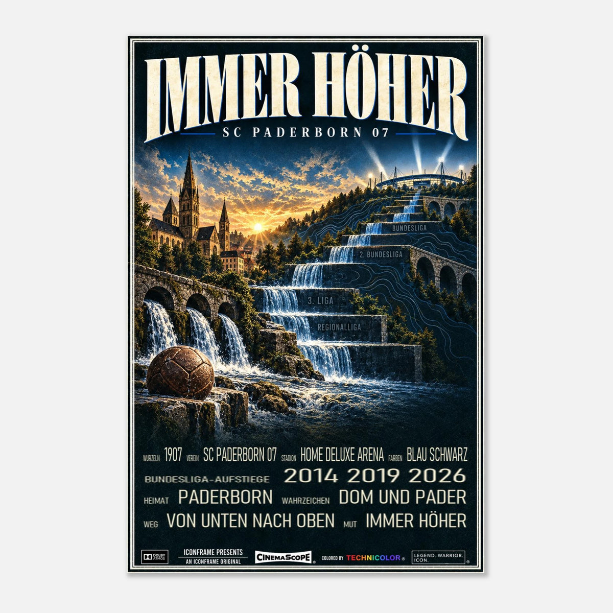 SC Paderborn 07 Poster „Immer höher“ – mit dunkelbraunem Holzrahmen vor hellem Hintergrund