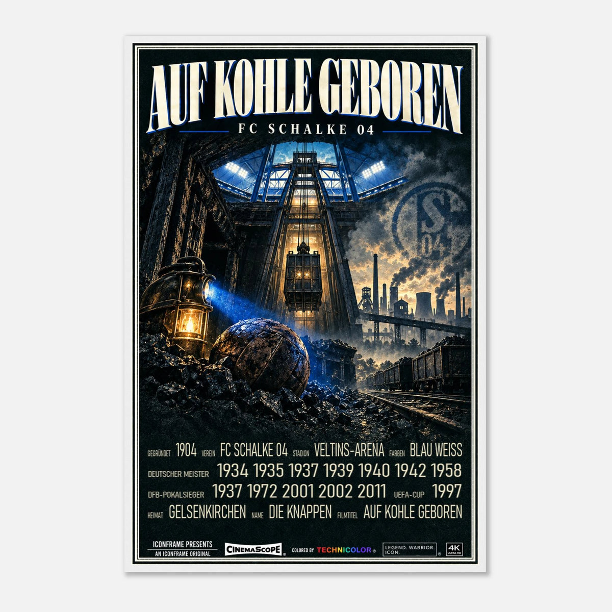 Schalke 04 Poster „Auf Kohle geboren“ – 60 × 90 cm, mit weißem Holzrahmen vor hellem Hintergrund