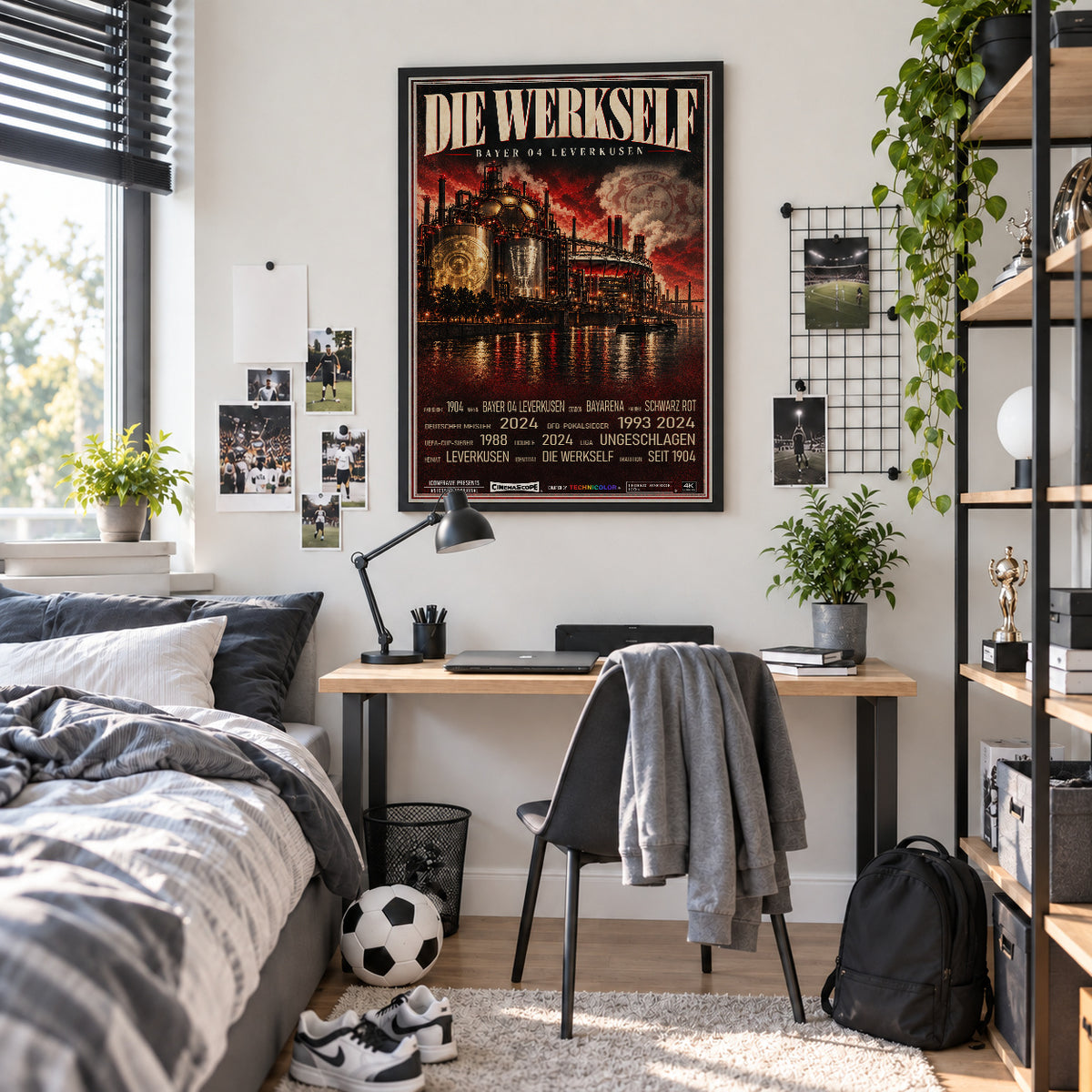 Bayer 04 Leverkusen Poster „Die Werkself“ im schwarzen Rahmen über einem Schreibtisch