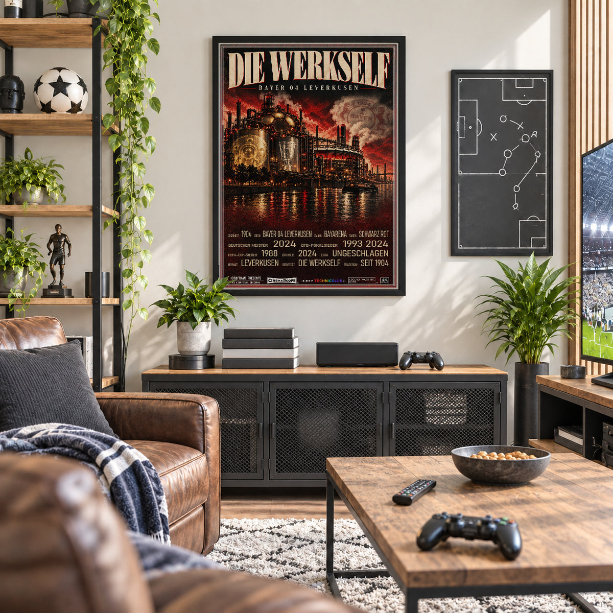 Bayer 04 Leverkusen Poster „Die Werkself“ im schwarzen Rahmen über einem dunklen Sideboard