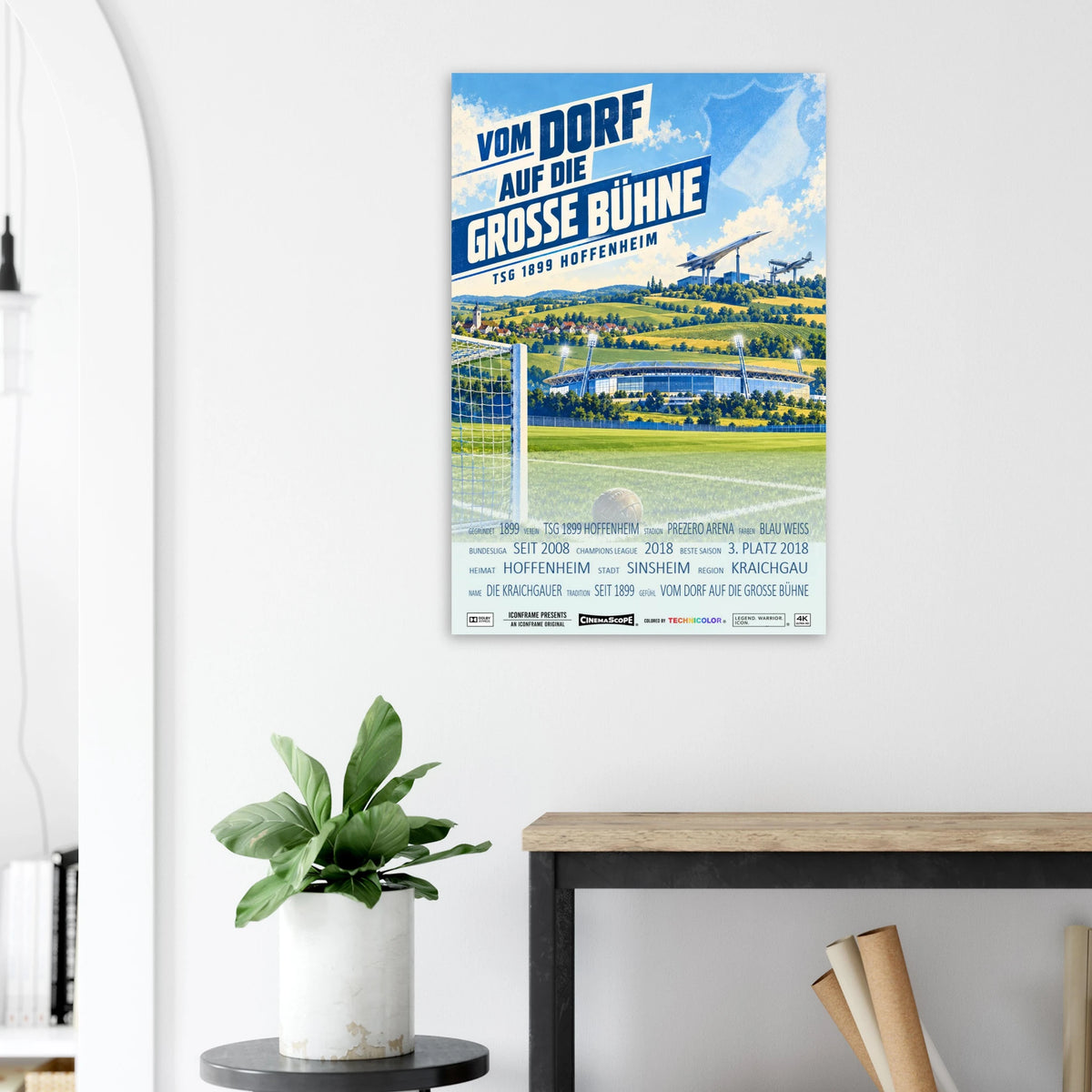 TSG Hoffenheim Poster „Vom Dorf auf die große Bühne“ an einer hellen Wand neben einer Pflanze und einem Tisch