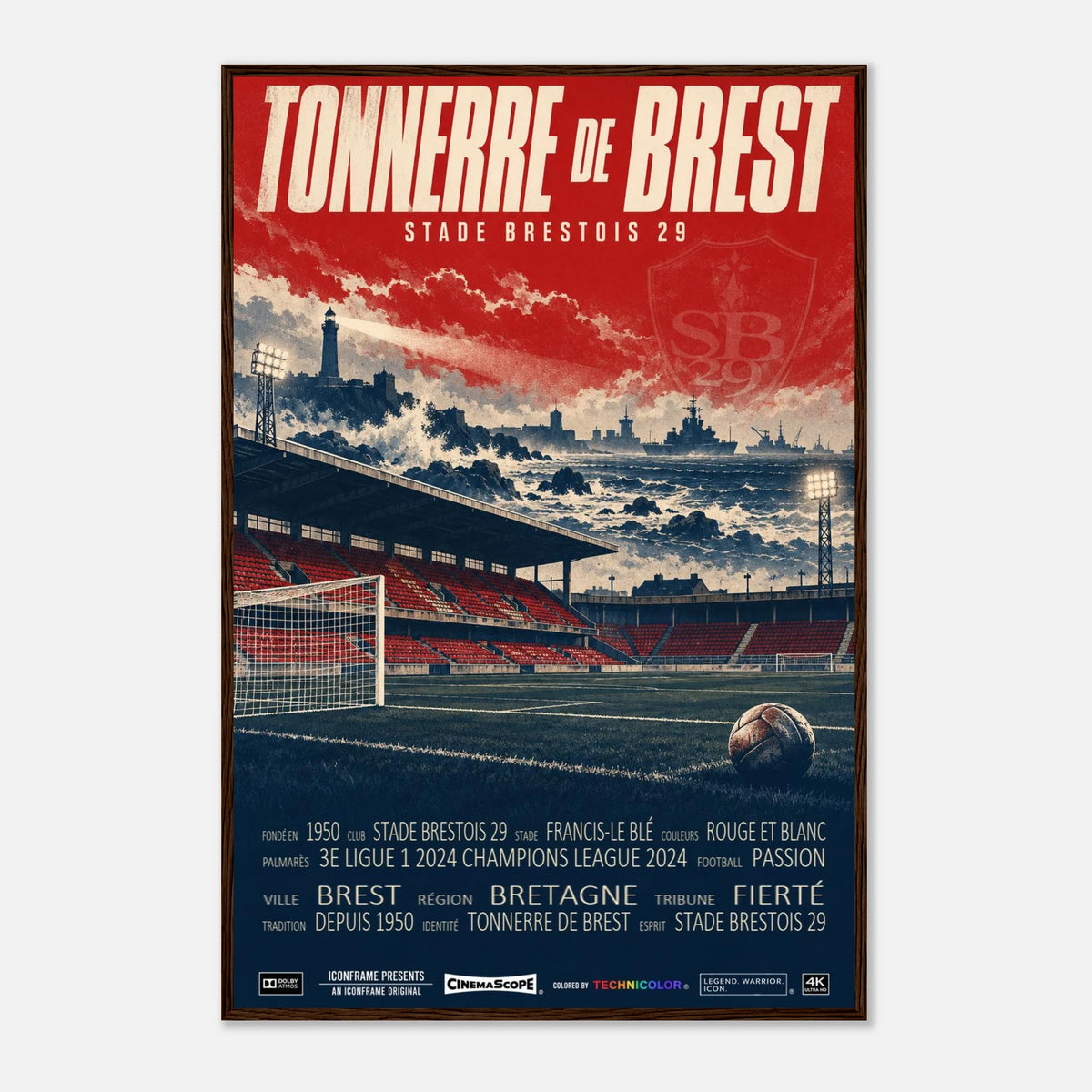 Stade Brest Poster „Tonnerre de Brest“ – 60 × 90 cm, mit dunkelbraunem Holzrahmen