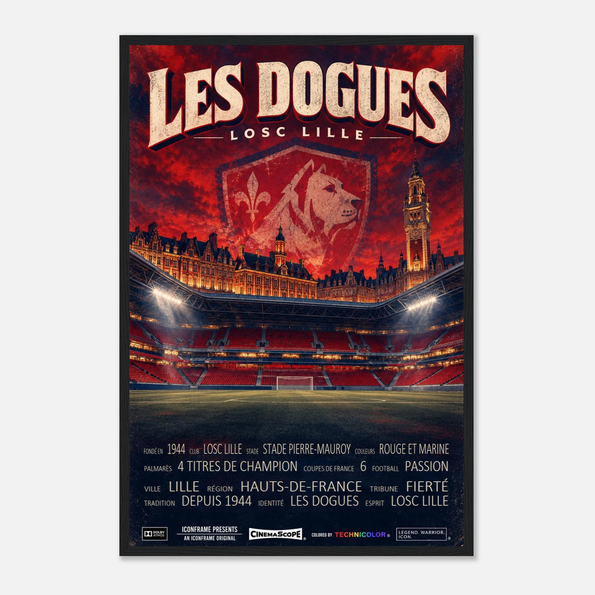 LOSC Lille Poster „Les Dogues“ – 40 × 60 cm, mit schwarzem Holzrahmen
