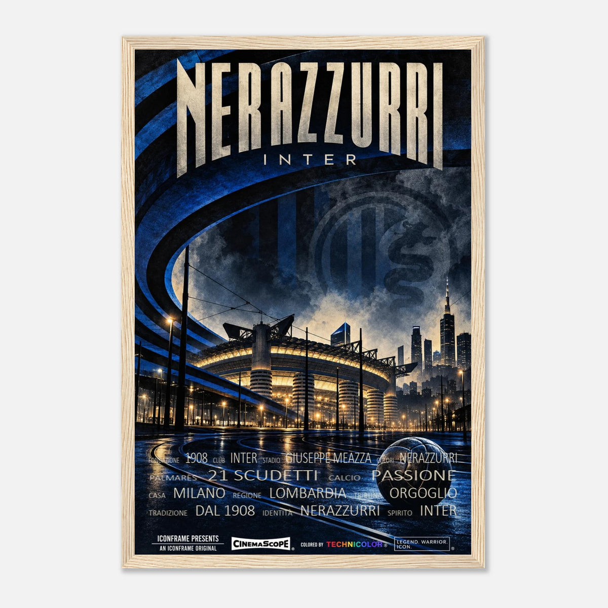 Inter Mailand Poster „Nerazzurri“ – 30 × 45 cm, mit naturfarbenem Holzrahmen vor hellem Hintergrund