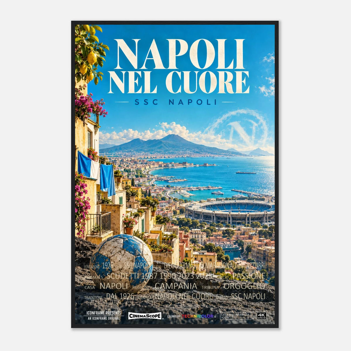 SSC Neapel Poster „Napoli nel Cuore“ – 60 × 90 cm, mit schwarzem Holzrahmen vor hellem Hintergrund