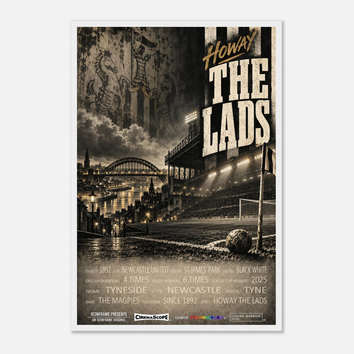 Newcastle United Poster „Howay the Lads“ – 40 × 60 cm, mit weißem Holzrahmen vor hellem Hintergrund