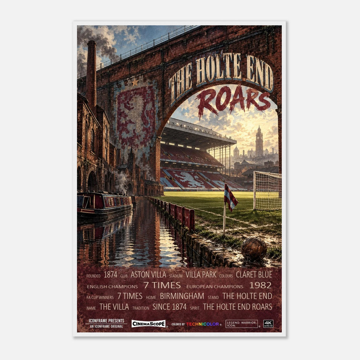 Aston Villa Poster „The Holte End Roars“ – 60 × 90 cm, mit weißem Holzrahmen vor hellem Hintergrund