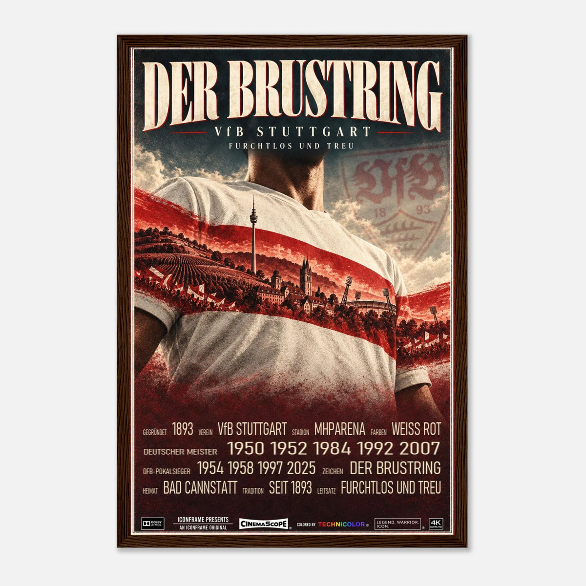 VfB Stuttgart Poster „Der Brustring“ – 30 × 45 cm, mit dunkelbraunem Holzrahmen vor hellem Hintergrund