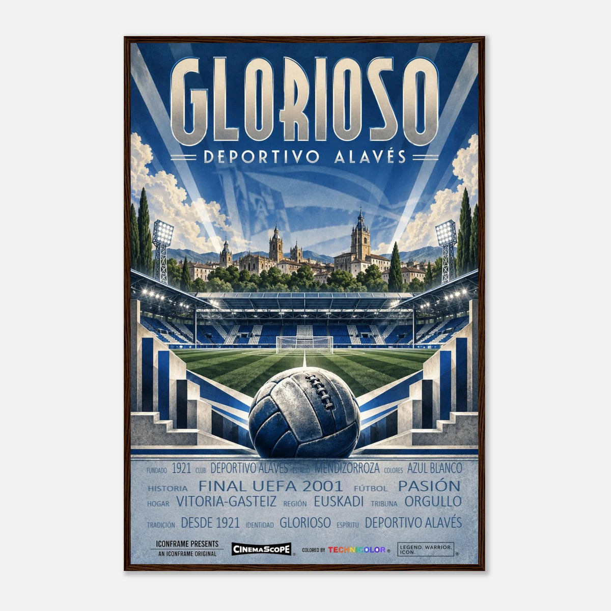 Deportivo Alavés Poster „Glorioso“ – 60 × 90 cm, mit dunkelbraunem Holzrahmen vor hellem Hintergrund