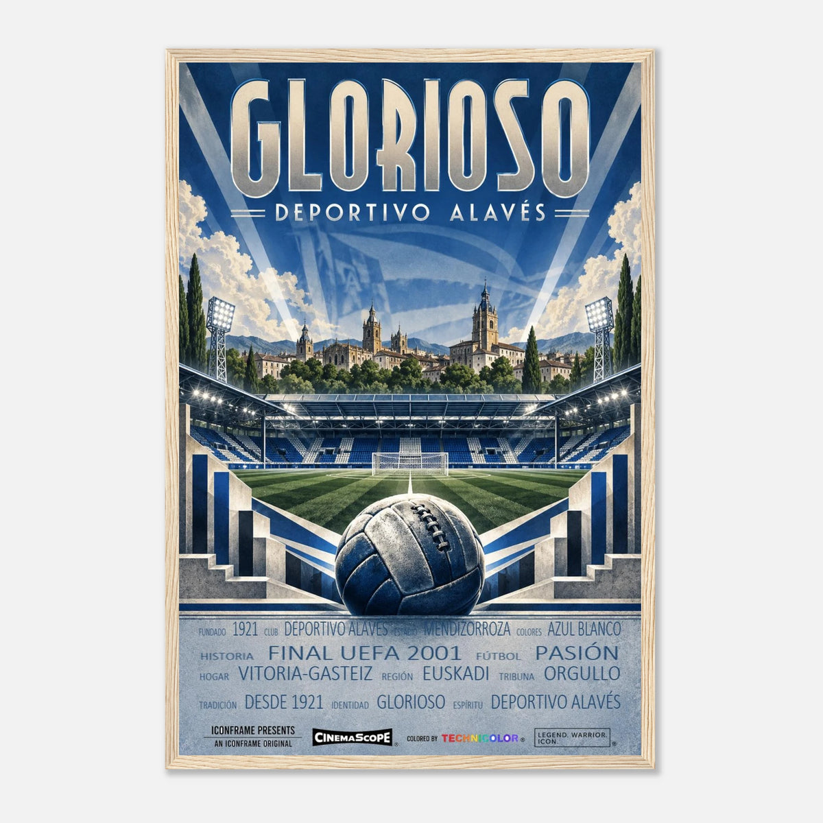 Deportivo Alavés Poster „Glorioso“ – 40 × 60 cm, mit naturfarbenem Holzrahmen vor hellem Hintergrund