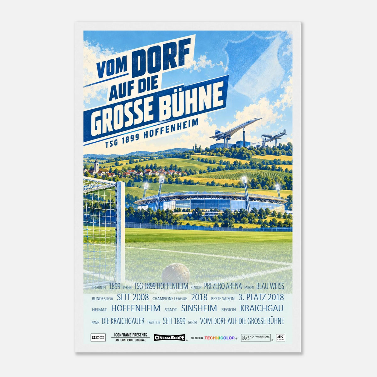 TSG Hoffenheim Poster „Vom Dorf auf die große Bühne“ – mit weißem Holzrahmen vor hellem Hintergrund
